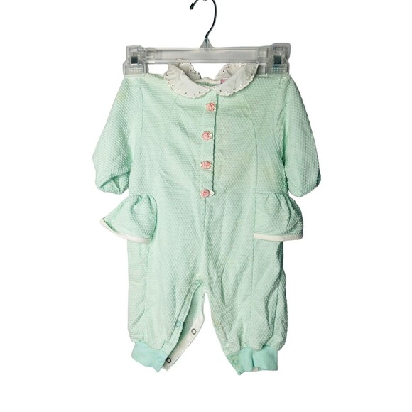 Other - VTG DOE-SPUN BABY 6-9 months teal & white knit outfit flowers eyelet